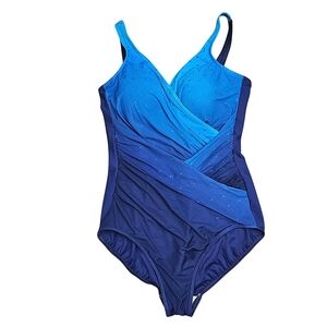 Miraclesuit Women's Blue Ombre' Faux Wrap Figure Flattering Swim Suit Size XS